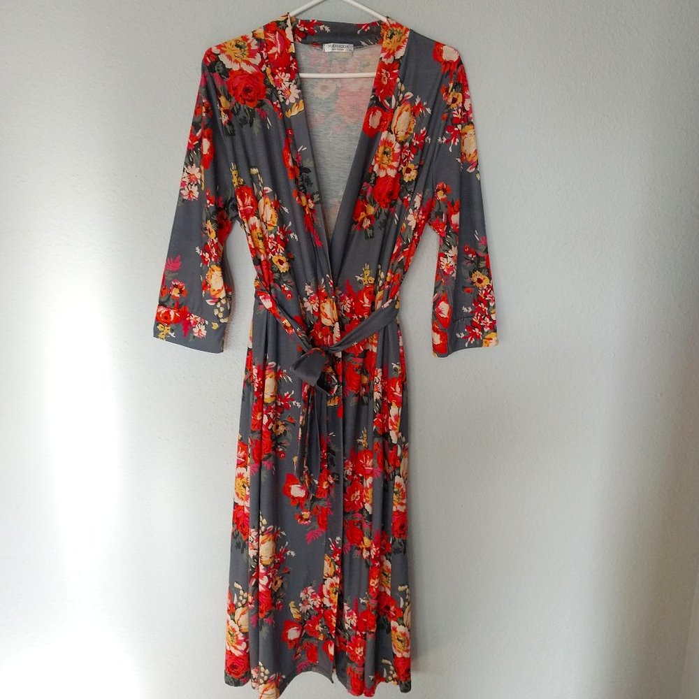 MaxModa Gray and Orange Floral Kimono Style Loungewear Robe with Tie Belt